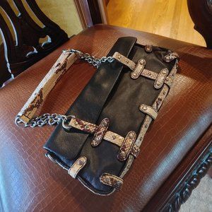 Studded handbag with python trim. Black Tan and Brown Leather Satchel